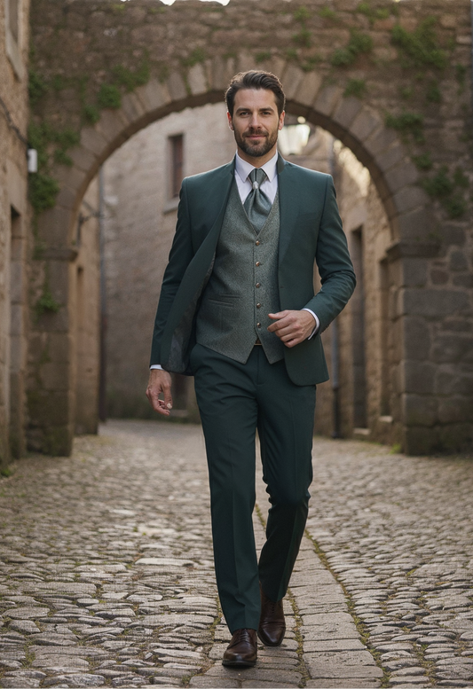 Costume de mariage homme vert sapin 3 pièces, marchant dans une ruelle médiévale.