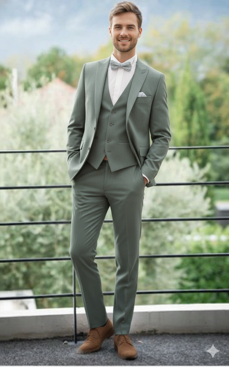 Marié en costume 3 pièces vert eucalyptus, coupe ajustée, cérémonie extérieure, tendance mariage Sweet Tailor