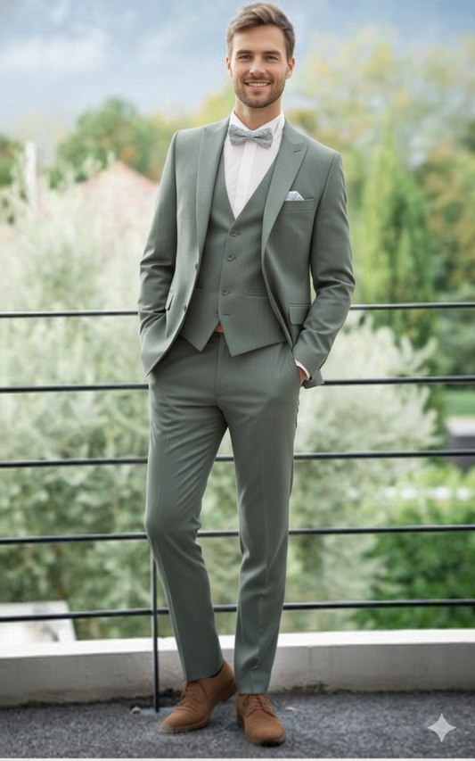 Marié en costume 3 pièces vert eucalyptus, coupe ajustée, cérémonie extérieure, tendance mariage Sweet Tailor