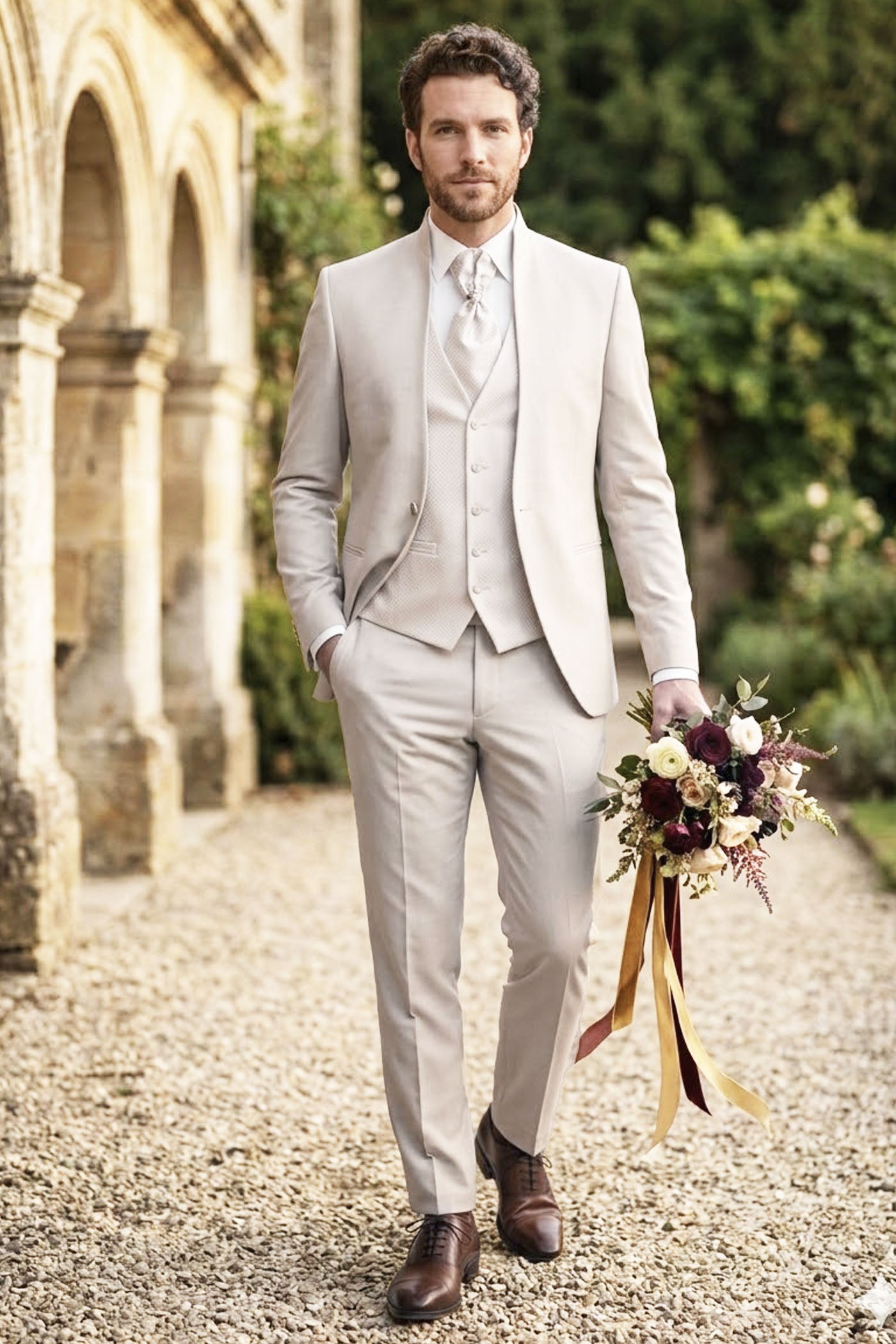 Vue de face de la veste de costume de mariage pour homme, d'une couleur beige clair. La veste se distingue par un col mao mandarin moderne. Elle est associée à un gilet boutonné et à une cravate plastron à motifs texturés, accessoirisée d'une épingle à cravate décorative à strass. Une subtile chaîne en métal relie les boutons inférieurs. L'arrière-plan présente des éléments d'architecture ancienne et de végétation.