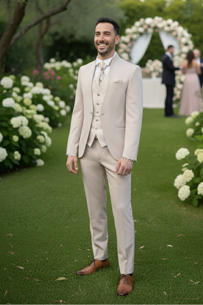 Photo d'un homme élégant, debout en plan pied, portant un costume trois-pièces de couleur beige ou crème (comme dans la photo de référence). Il sourit légèrement, se tient dans un jardin verdoyant avec des massifs de fleurs blanches (hortensias ou similaires) sur les côtés d'une allée de gazon, dans une ambiance de mariage extérieur. La lumière naturelle est douce, et l'arrière-plan flou suggère une arche de mariage floral