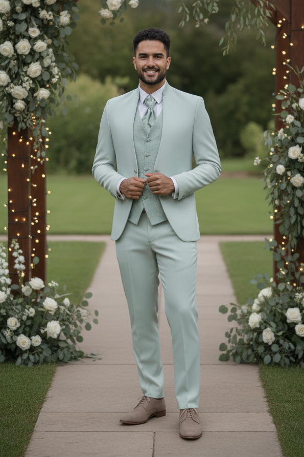 Marié souriant en costume 3 pièces vert sauge, coupe ajustée, sous une arche florale de mariage Sweet Tailor