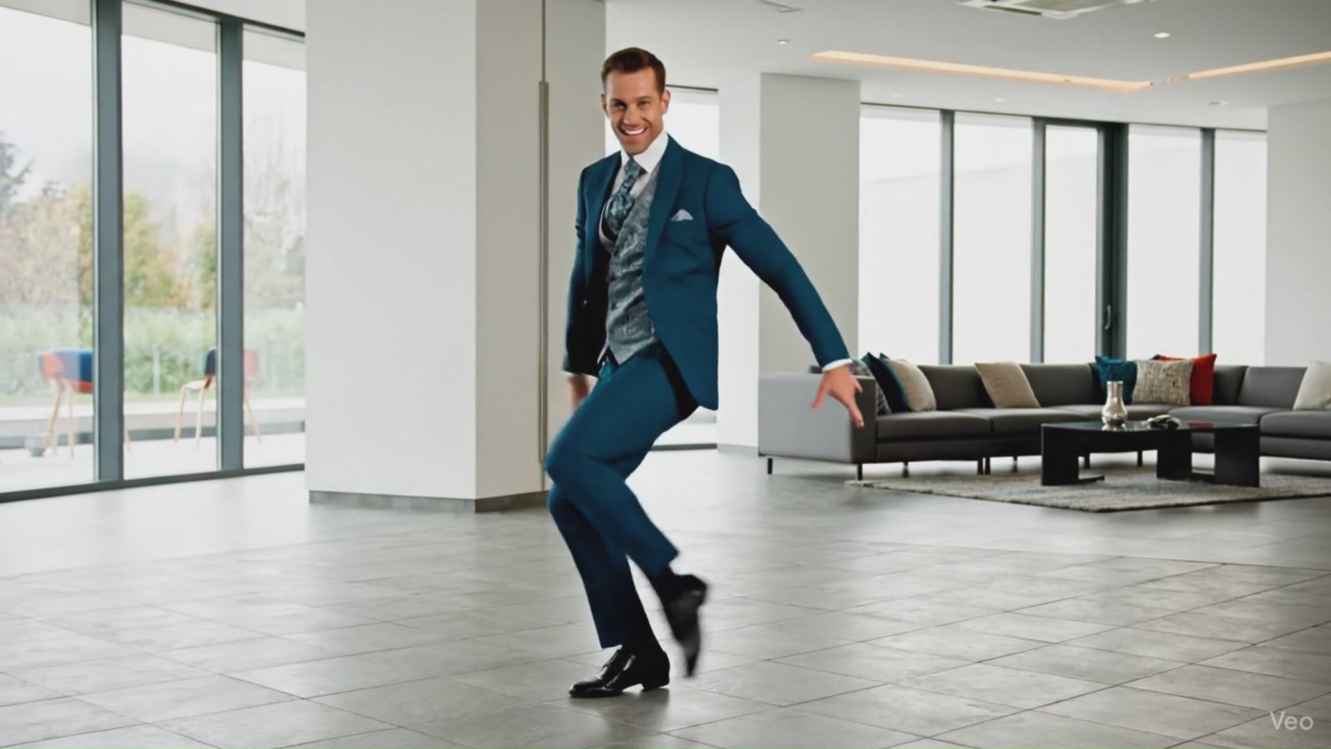 Homme qui effectue des pas de danse dans son costume de mariage vert sapin extensible